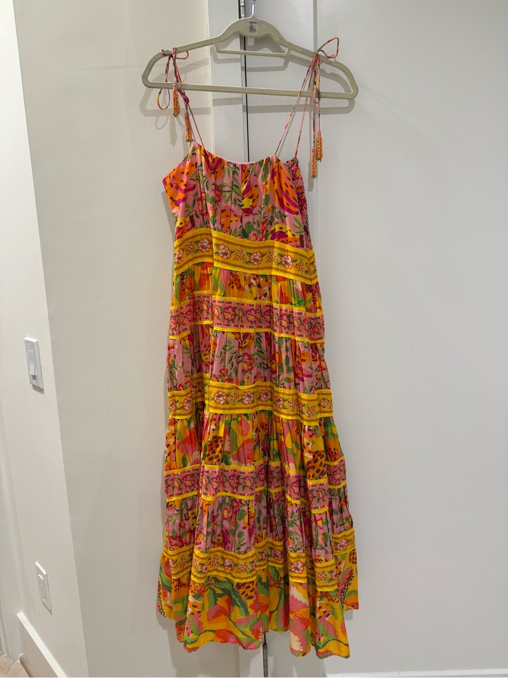 Farm Rio Floral Tiered Spaghetti-Strap Maxi Dress in Pink and Yellow